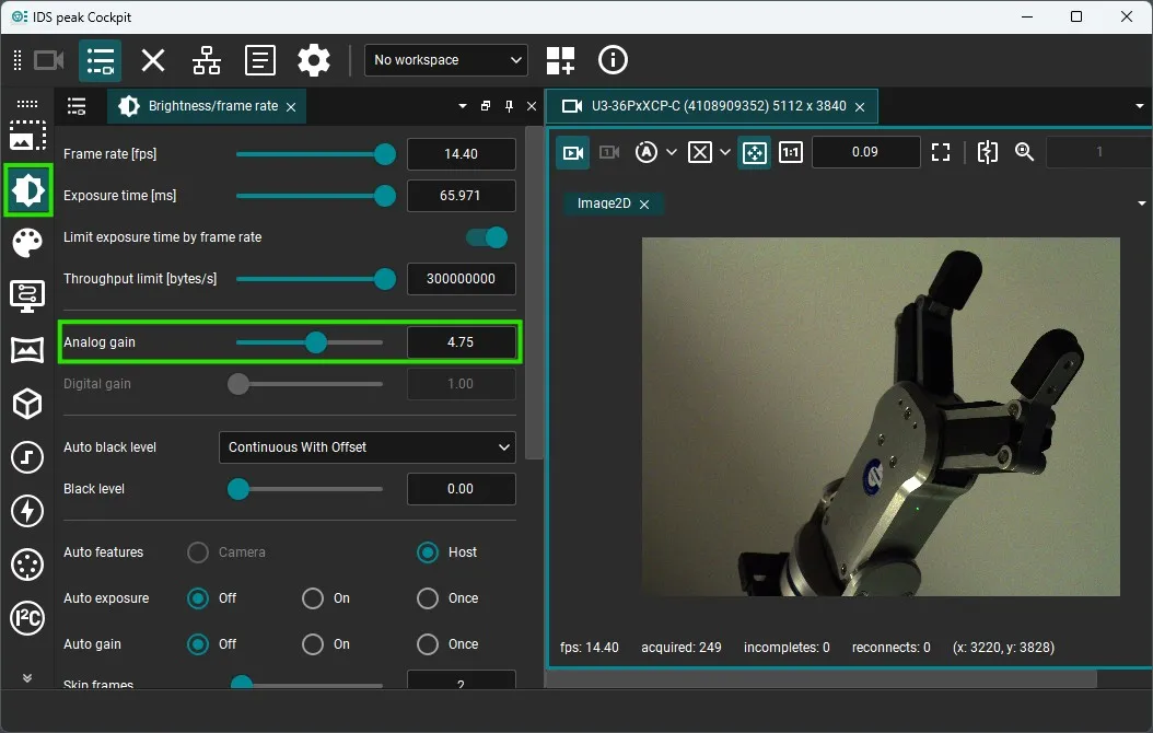 IDS Peak Cockpit adjust settings