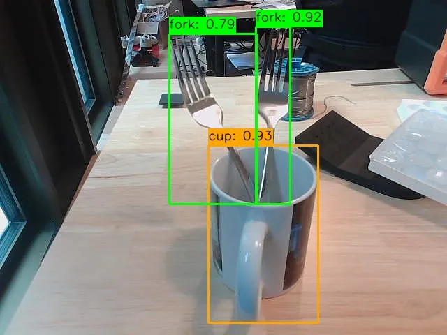 Cups and forks detected with color-coded bounding boxes