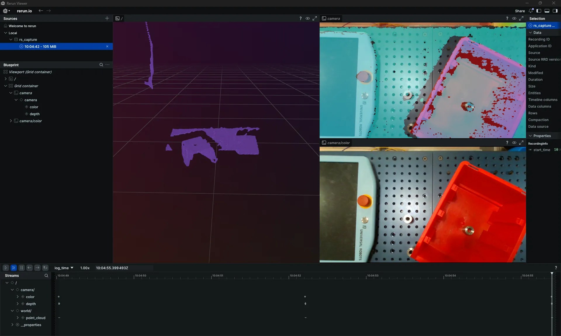 RealSense capture showing RGB image, depth map, and point cloud visualized in Rerun